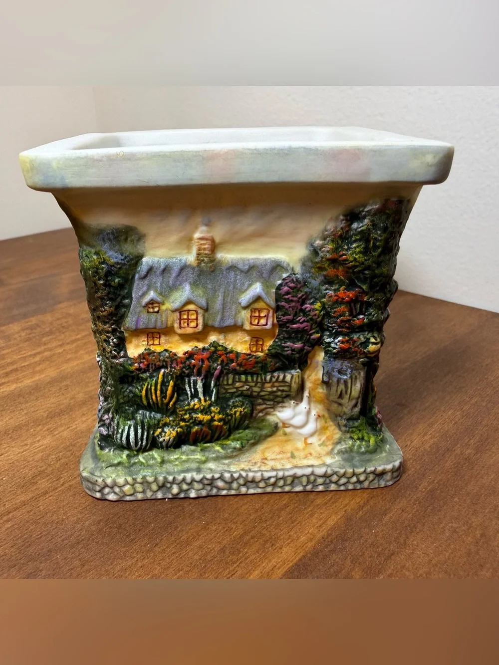 Thomas Kinkade Hand-Painted Cottage Planter in‎ Green, Yellow, Blue and Brown